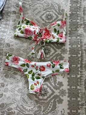 Montce White Floral Tie-Front Bikini with Pink Roses